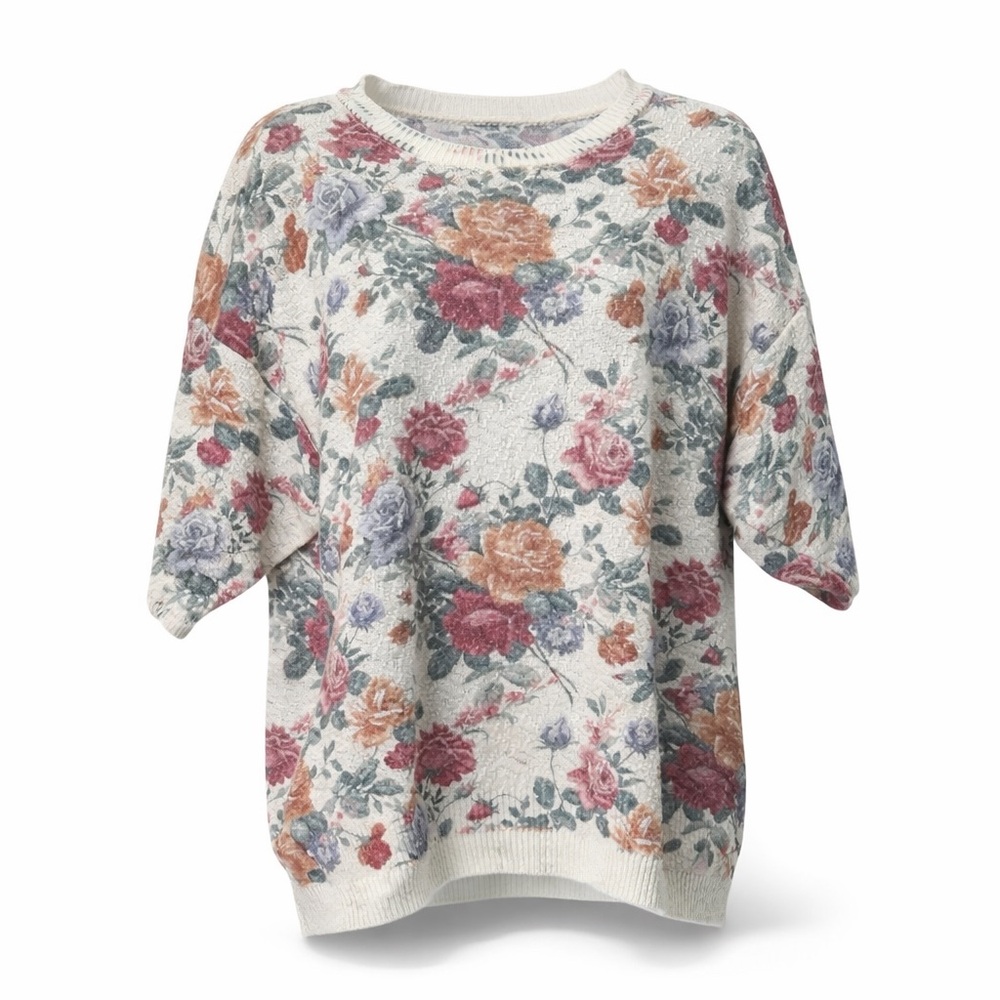 Denim Republic Oversized Floral Knit Sweater Cream Pink | Retro Style | Size L